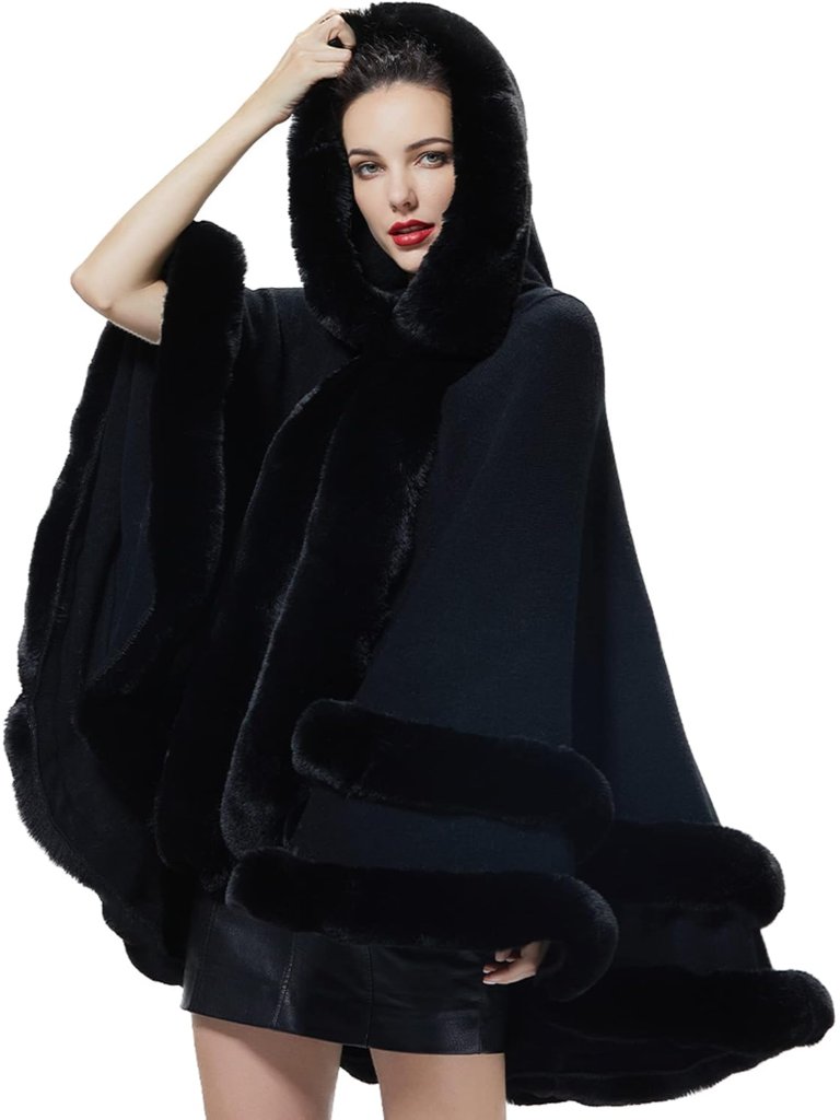 Women Hooded Poncho Cape Faux Fur Shawl Wrap With Fur Trim Sleeveless Cardigan D